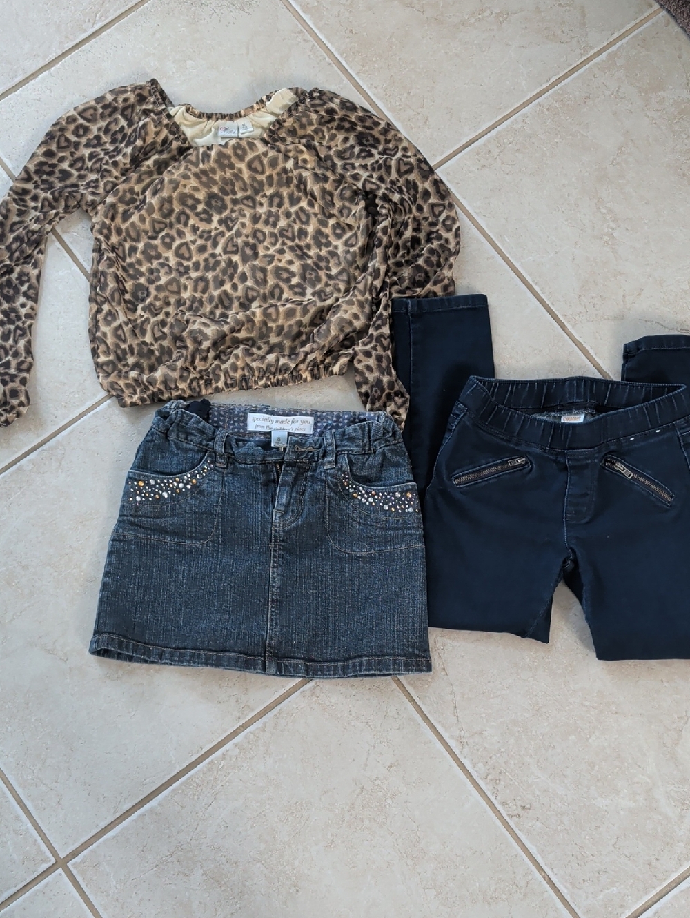 The Children's Place Denim Skirt Blue  Jean Jeggings, Leopard Top, Girl Size 7